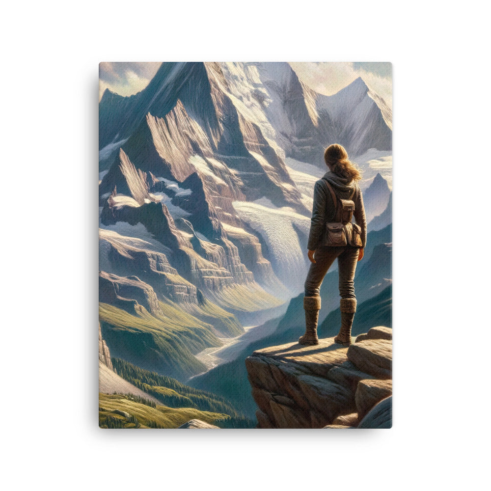 Ölgemälde der Alpengipfel mit Schweizer Abenteurerin auf Felsvorsprung - Leinwand wandern xxx yyy zzz 40.6 x 50.8 cm