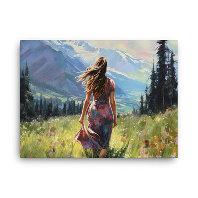 Frau mit langen Kleid im Feld mit Blumen - Berge im Hintergrund - Malerei - Leinwand berge xxx 45.7 x 61 cm