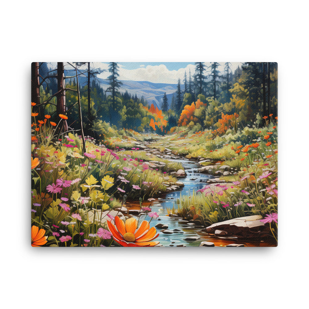 Berge, schöne Blumen und Bach im Wald - Leinwand berge xxx 45.7 x 61 cm