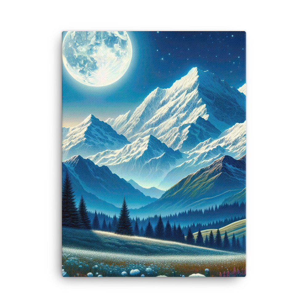 Klare frühlingshafte Alpennacht mit Blumen und Vollmond über Schneegipfeln - Leinwand berge xxx yyy zzz 45.7 x 61 cm