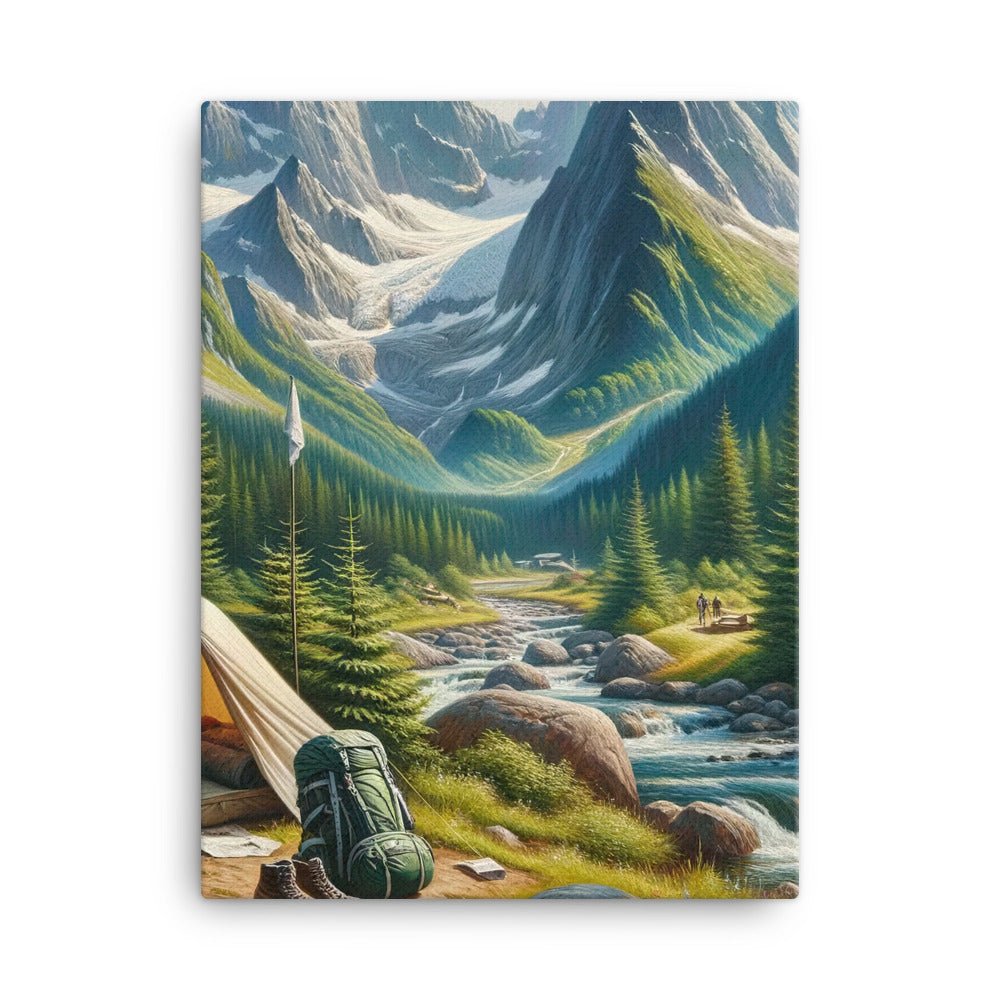 Ölgemälde der Alpensommerlandschaft mit Zelt, Gipfeln, Wäldern und Bächen - Leinwand camping xxx yyy zzz 45.7 x 61 cm