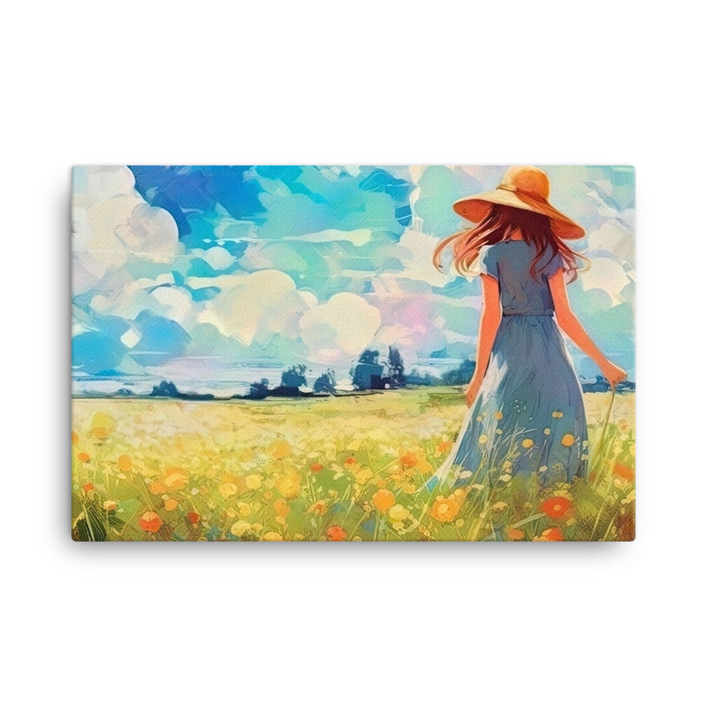 Dame mit Hut im Feld mit Blumen - Landschaftsmalerei - Leinwand camping xxx 61 x 91.4 cm