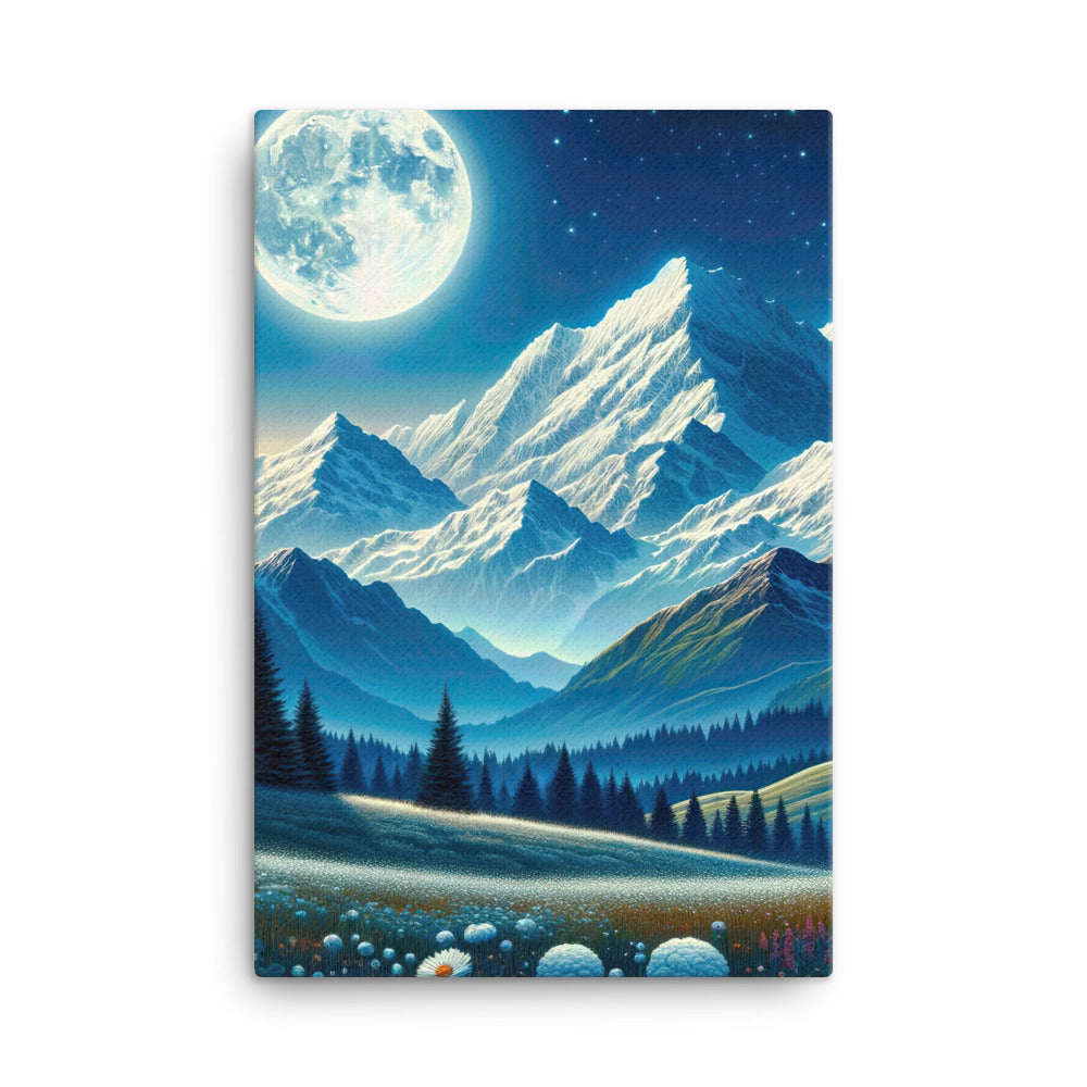 Klare frühlingshafte Alpennacht mit Blumen und Vollmond über Schneegipfeln - Leinwand berge xxx yyy zzz 61 x 91.4 cm