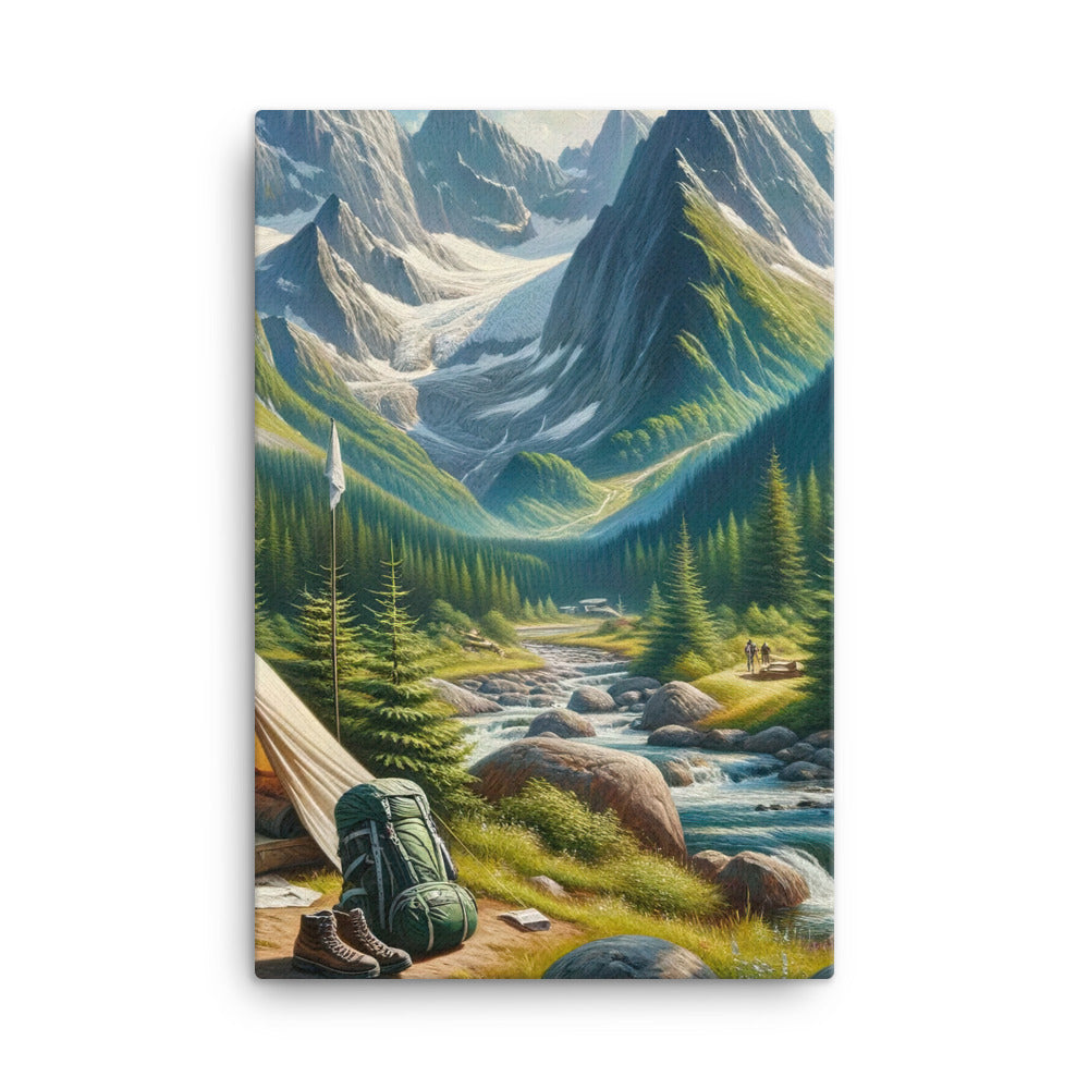 Ölgemälde der Alpensommerlandschaft mit Zelt, Gipfeln, Wäldern und Bächen - Leinwand camping xxx yyy zzz 61 x 91.4 cm