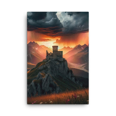 Foto einer Alpenburg bei stürmischem Sonnenuntergang, dramatische Wolken und Sonnenstrahlen - Leinwand berge xxx yyy zzz 61 x 91.4 cm