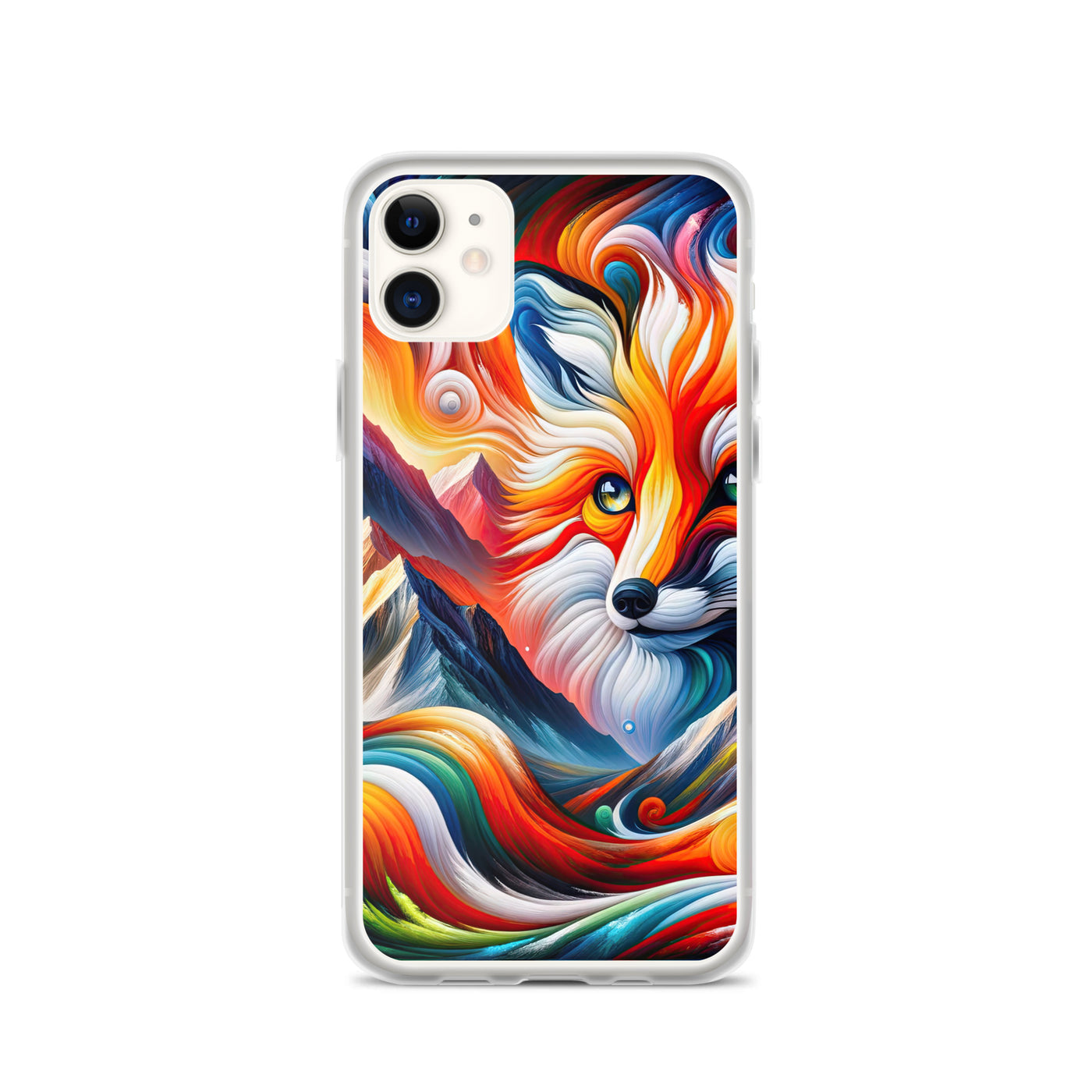 Abstrakte Kunst der Alpen voller lebendiger Farben und dynamischer Bewegung. Es dominiert ein farbiger Fuchs - iPhone Schutzhülle (durchsichtig) camping xxx yyy zzz iPhone 11