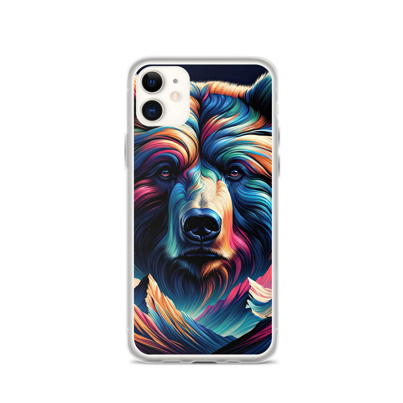 Majestätischer Bär vor Schweizer Alpen in abstrakter Kunst - iPhone Schutzhülle (durchsichtig) camping xxx yyy zzz iPhone 11