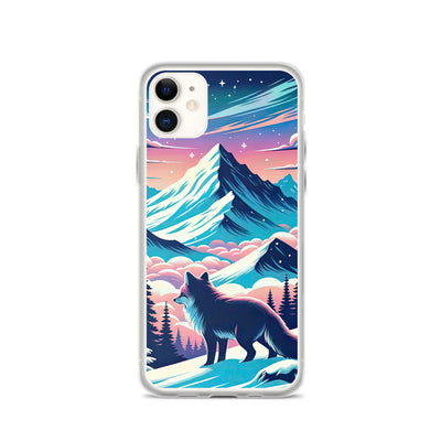 Vektorgrafik eines alpinen Winterwunderlandes mit schneebedeckten Kiefern und einem Fuchs - iPhone Schutzhülle (durchsichtig) camping xxx yyy zzz iPhone 11