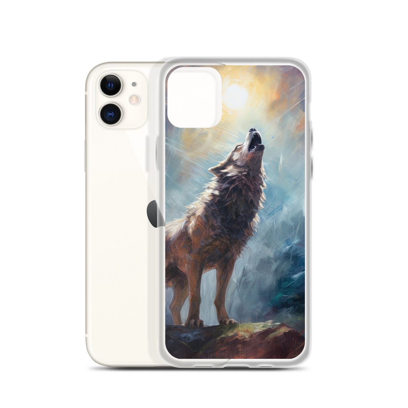 Heulender Wolf auf Berggipfel und Mond im Hintergrund – Abstrakte Malerei - iPhone Schutzhülle (durchsichtig) camping xxx