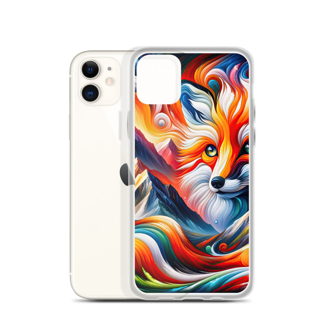 Abstrakte Kunst der Alpen voller lebendiger Farben und dynamischer Bewegung. Es dominiert ein farbiger Fuchs - iPhone Schutzhülle (durchsichtig) camping xxx yyy zzz