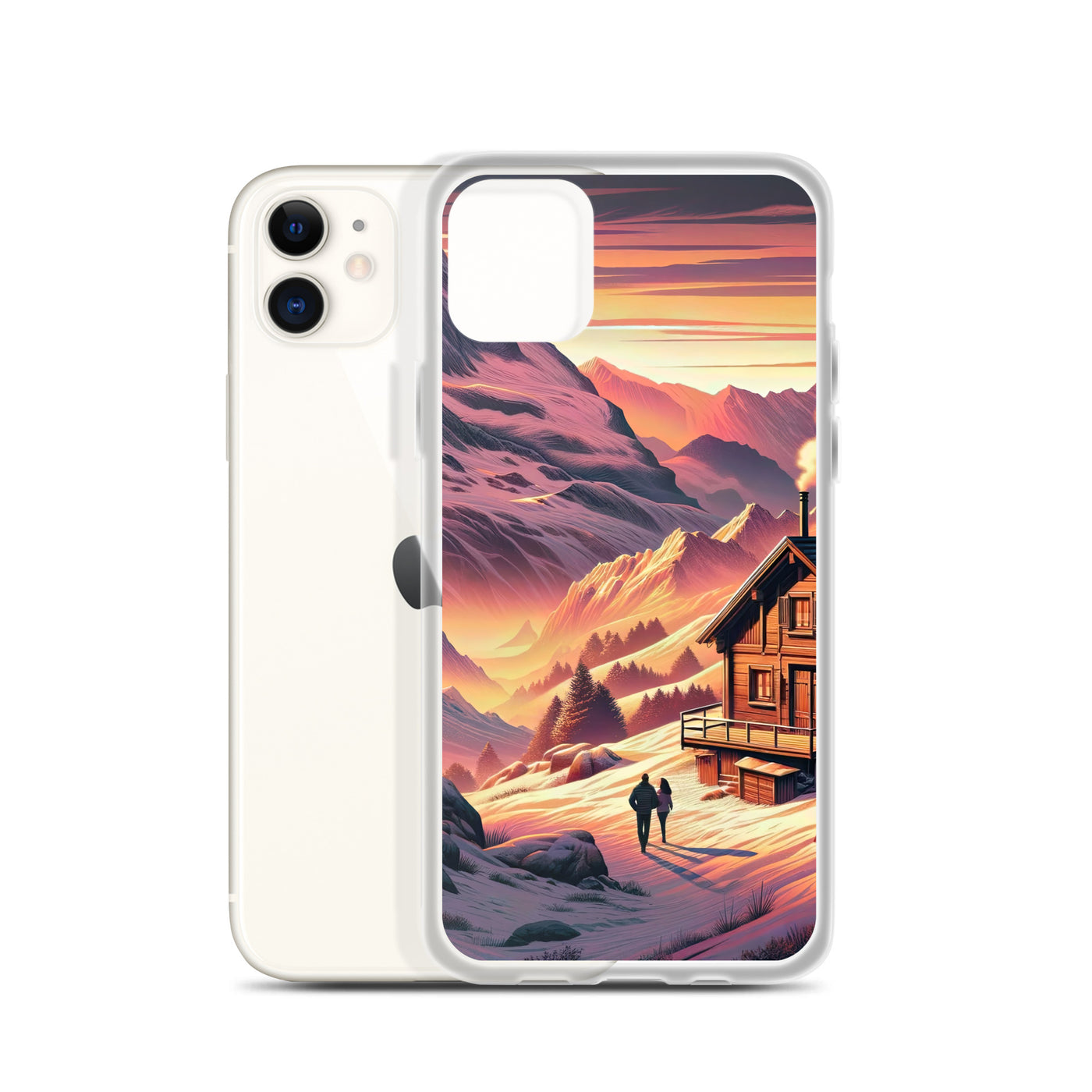 Berghütte im goldenen Sonnenuntergang: Digitale Alpenillustration - iPhone Schutzhülle (durchsichtig) berge xxx yyy zzz