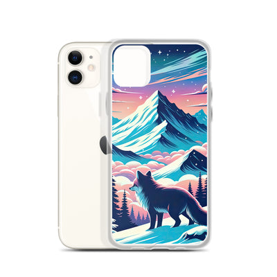 Vektorgrafik eines alpinen Winterwunderlandes mit schneebedeckten Kiefern und einem Fuchs - iPhone Schutzhülle (durchsichtig) camping xxx yyy zzz