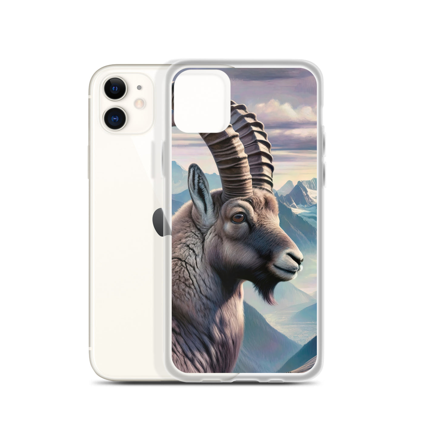 Digitales Steinbock-Porträt vor Alpenkulisse - iPhone Schutzhülle (durchsichtig) berge xxx yyy zzz