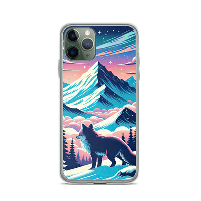 Vektorgrafik eines alpinen Winterwunderlandes mit schneebedeckten Kiefern und einem Fuchs - iPhone Schutzhülle (durchsichtig) camping xxx yyy zzz iPhone 11 Pro