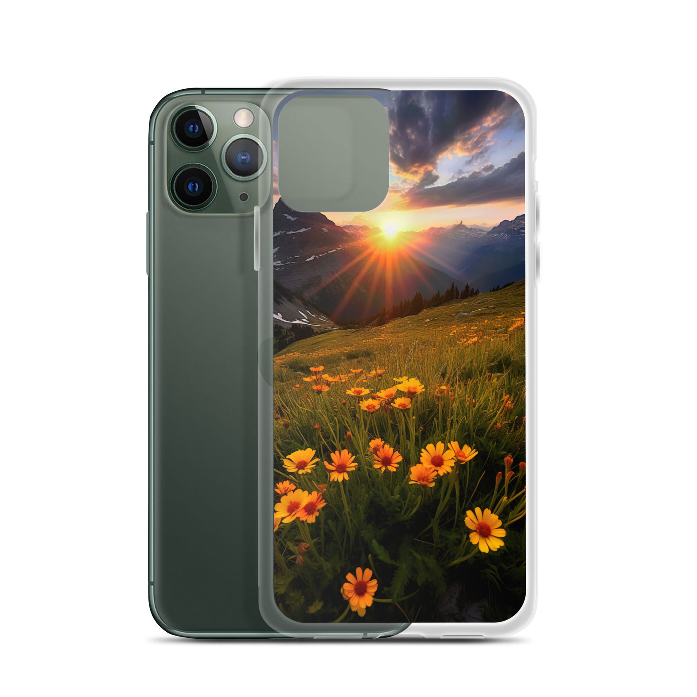 Gebirge, Sonnenblumen und Sonnenaufgang - iPhone Schutzhülle (durchsichtig) berge xxx