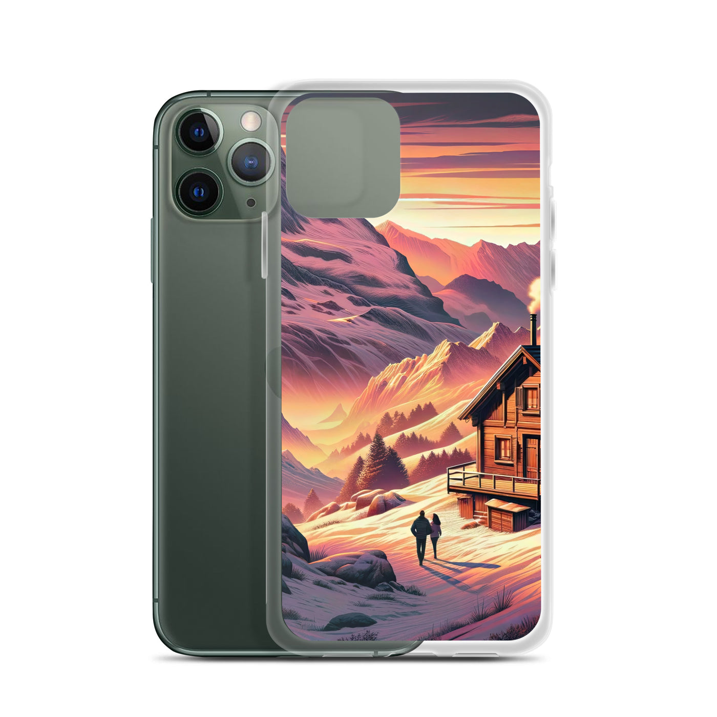 Berghütte im goldenen Sonnenuntergang: Digitale Alpenillustration - iPhone Schutzhülle (durchsichtig) berge xxx yyy zzz