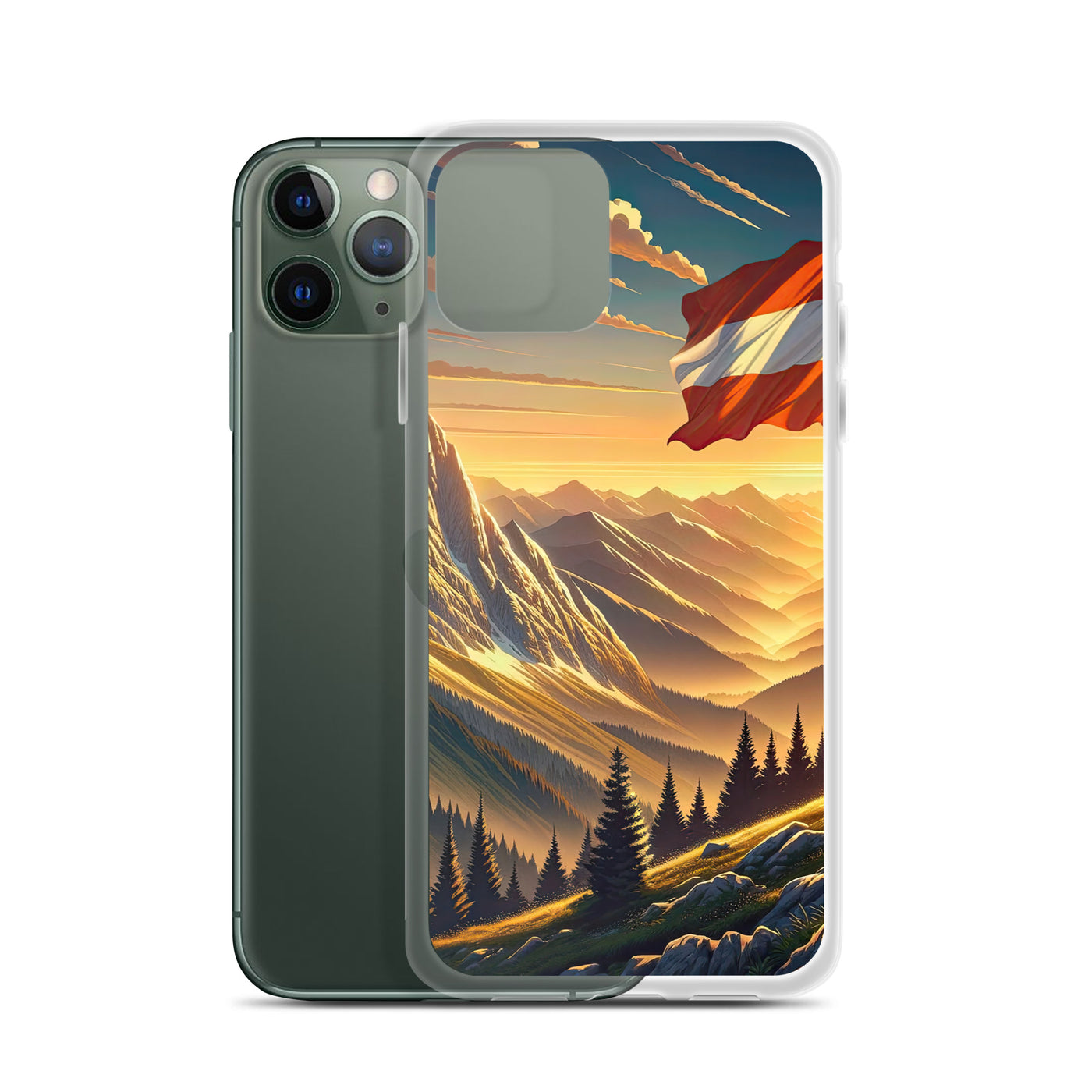 Ruhiger Alpenabend mit österreichischer Flagge und goldenem Sonnenuntergang - iPhone Schutzhülle (durchsichtig) berge xxx yyy zzz