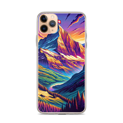 Bergpracht mit Schweizer Flagge: Farbenfrohe Illustration einer Berglandschaft - iPhone Schutzhülle (durchsichtig) berge xxx yyy zzz iPhone 11 Pro Max