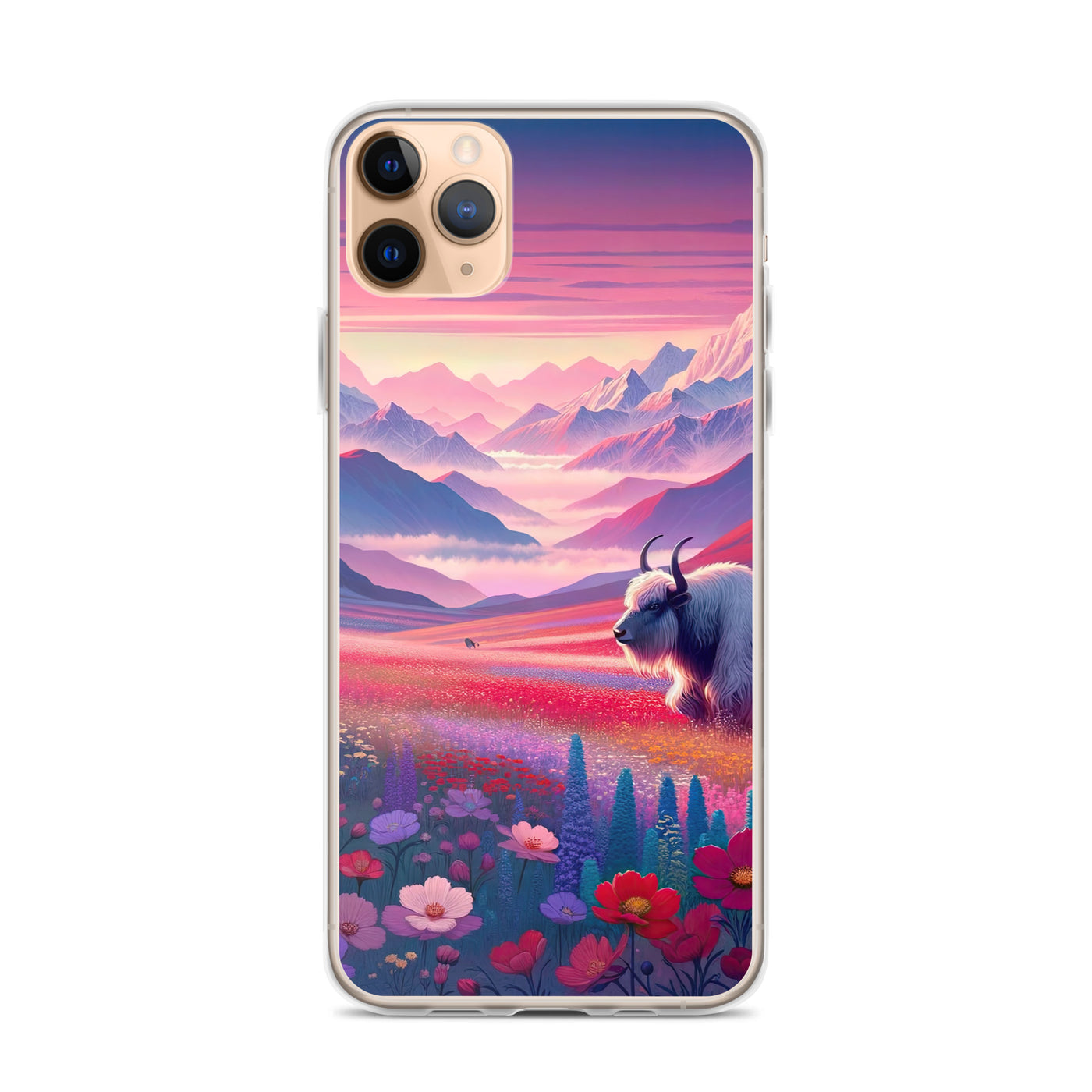 Verträumte Berg-Abenddämmerung mit Hochlandrind und blumigem Glanz - iPhone Schutzhülle (durchsichtig) berge xxx yyy zzz iPhone 11 Pro Max