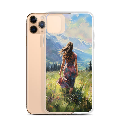 Frau mit langen Kleid im Feld mit Blumen - Berge im Hintergrund - Malerei - iPhone Schutzhülle (durchsichtig) berge xxx