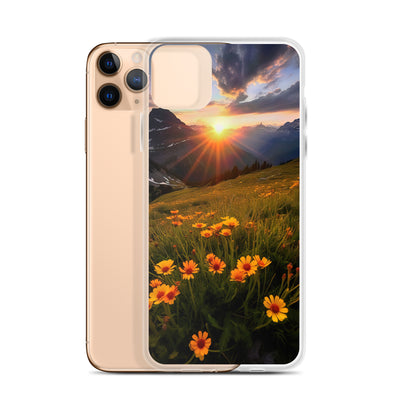 Gebirge, Sonnenblumen und Sonnenaufgang - iPhone Schutzhülle (durchsichtig) berge xxx