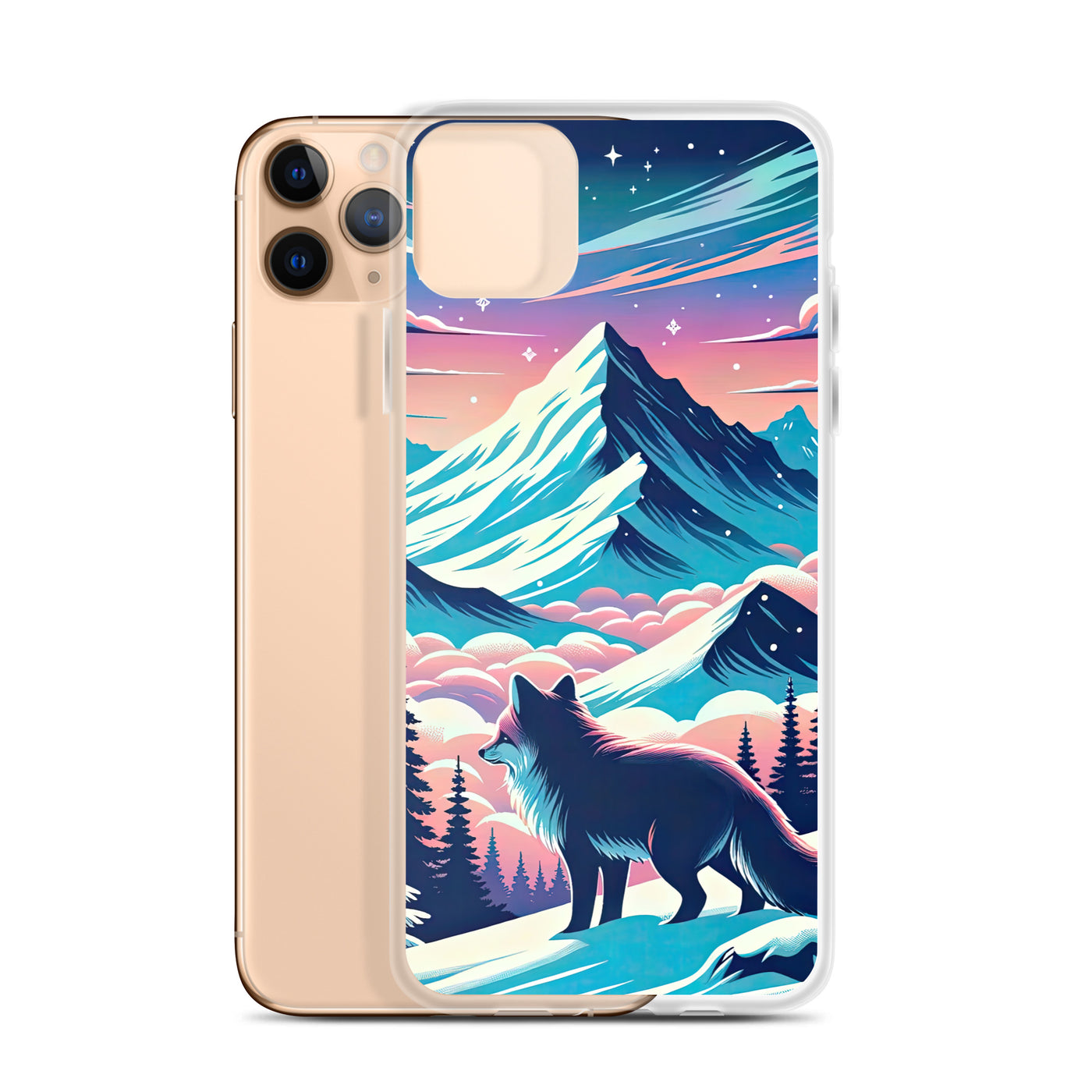 Vektorgrafik eines alpinen Winterwunderlandes mit schneebedeckten Kiefern und einem Fuchs - iPhone Schutzhülle (durchsichtig) camping xxx yyy zzz