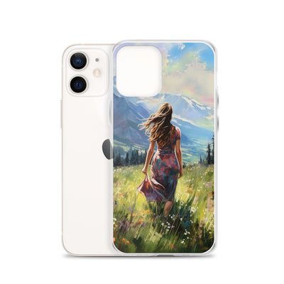 Frau mit langen Kleid im Feld mit Blumen - Berge im Hintergrund - Malerei - iPhone Schutzhülle (durchsichtig) berge xxx