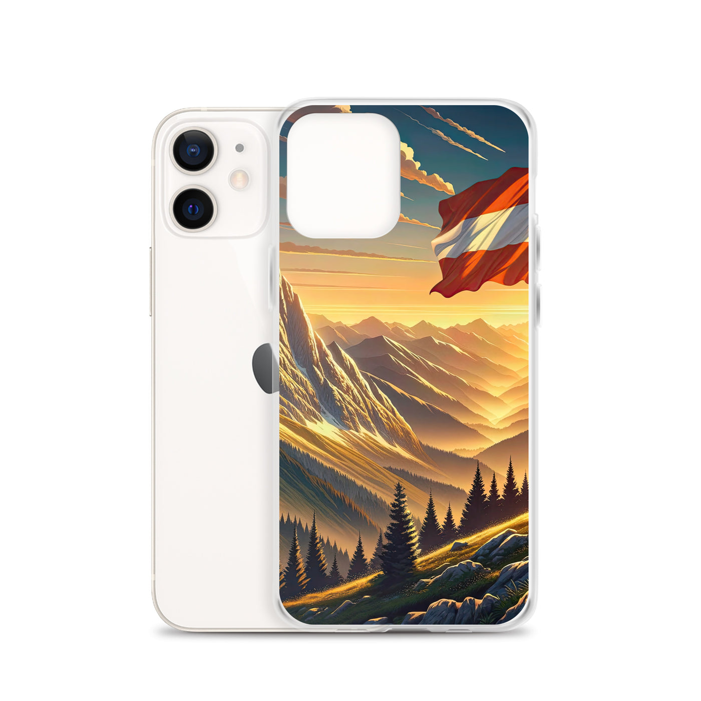 Ruhiger Alpenabend mit österreichischer Flagge und goldenem Sonnenuntergang - iPhone Schutzhülle (durchsichtig) berge xxx yyy zzz