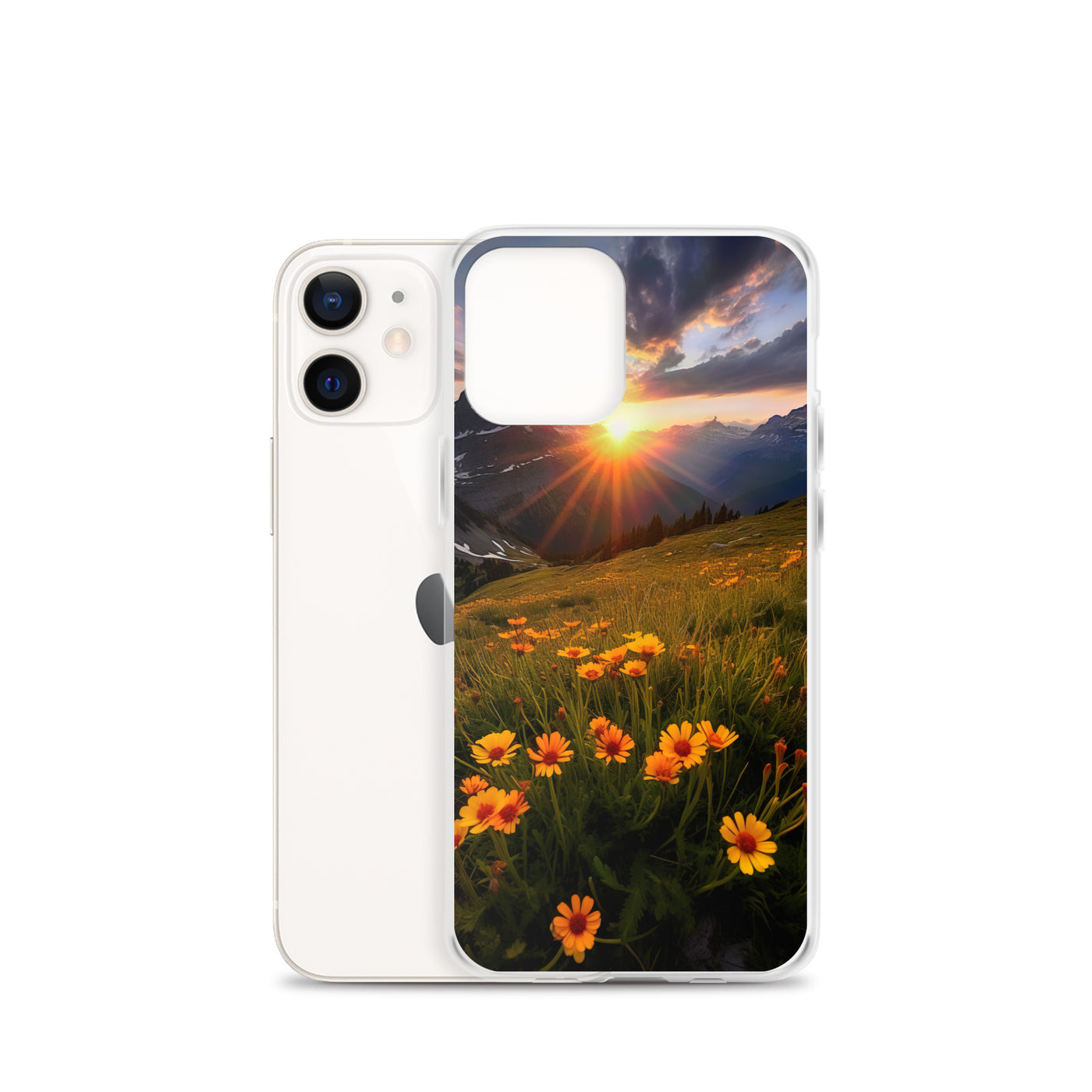 Gebirge, Sonnenblumen und Sonnenaufgang - iPhone Schutzhülle (durchsichtig) berge xxx