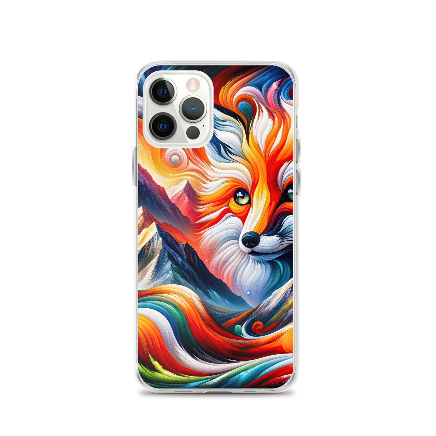 Abstrakte Kunst der Alpen voller lebendiger Farben und dynamischer Bewegung. Es dominiert ein farbiger Fuchs - iPhone Schutzhülle (durchsichtig) camping xxx yyy zzz iPhone 12 Pro