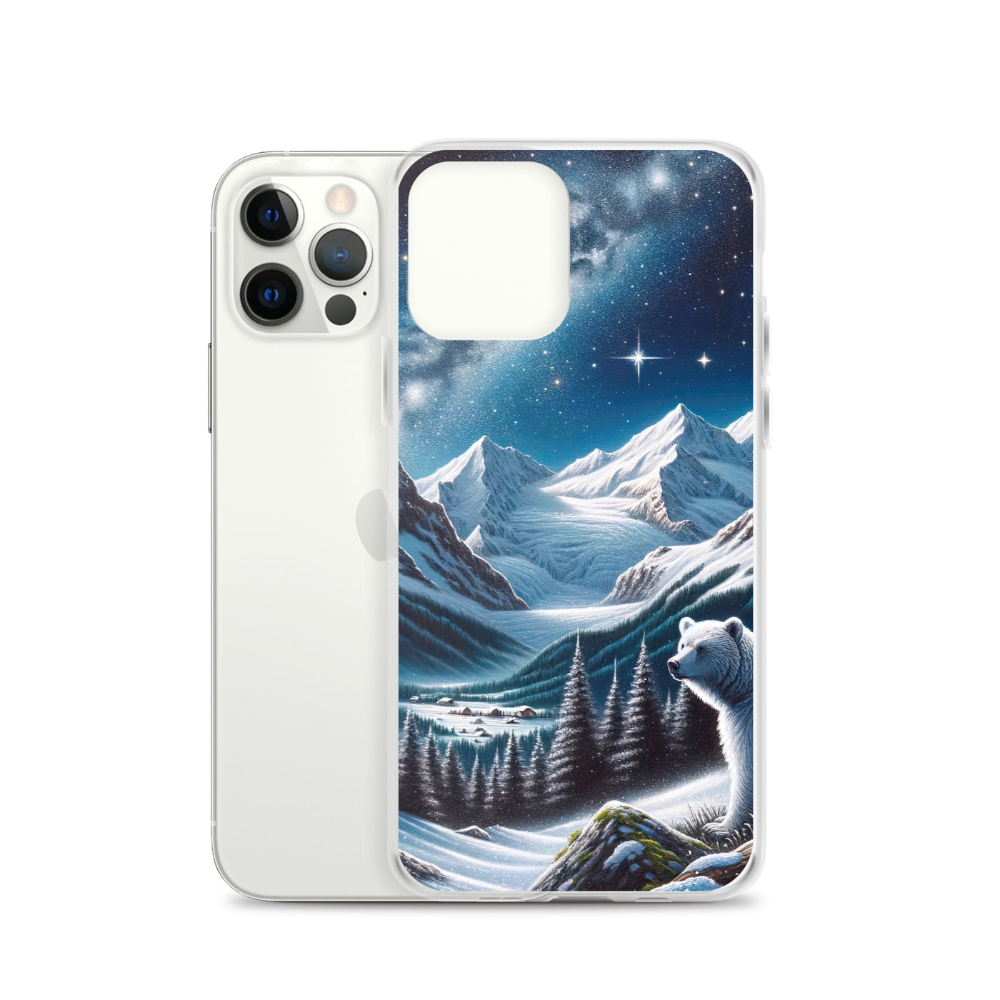 Sternennacht und Eisbär: Acrylgemälde mit Milchstraße, Alpen und schneebedeckte Gipfel - iPhone Schutzhülle (durchsichtig) camping xxx yyy zzz