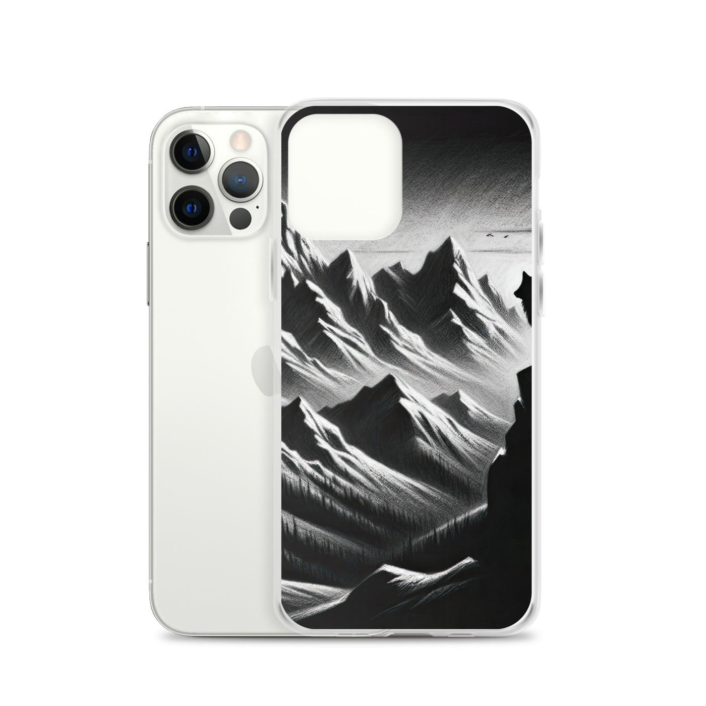 Kohlezeichnung, die die stille Stille der Alpen in der Winterdämmerung verkörpert. Wolf auf einem Berghügel (AN) - iPhone Schutzhülle (durchsichtig) xxx yyy zzz