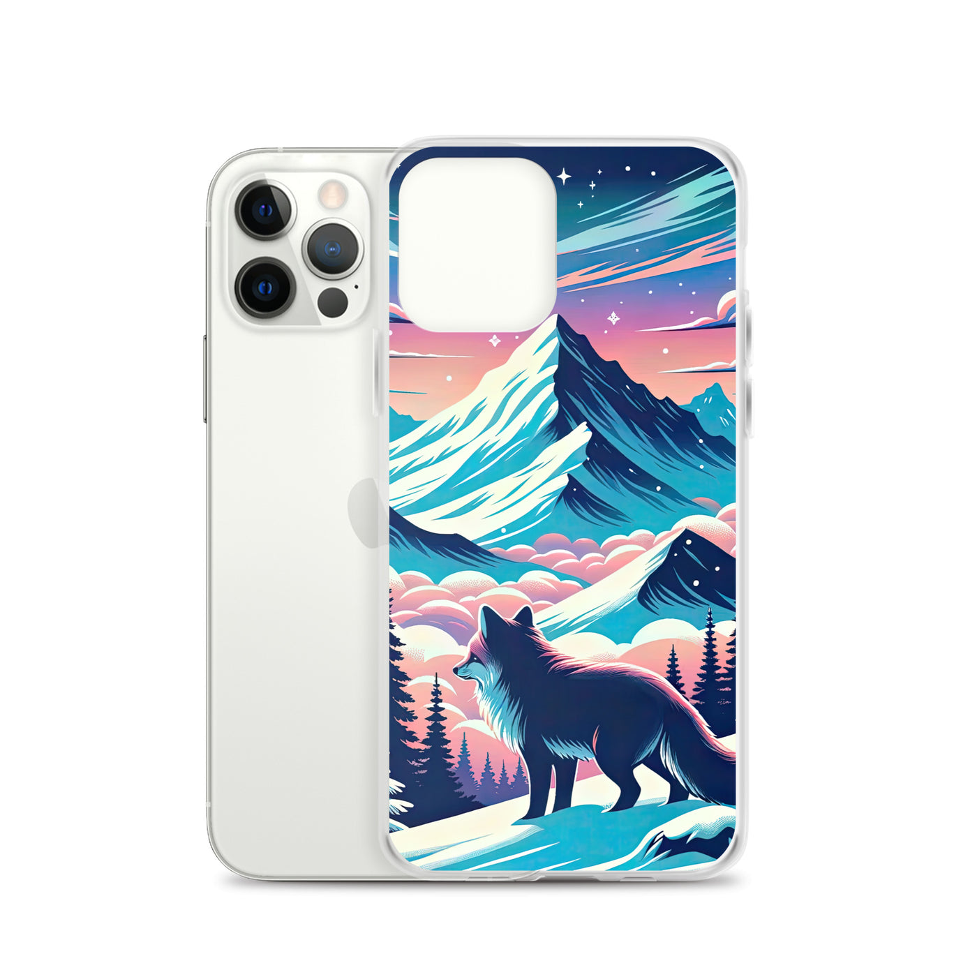 Vektorgrafik eines alpinen Winterwunderlandes mit schneebedeckten Kiefern und einem Fuchs - iPhone Schutzhülle (durchsichtig) camping xxx yyy zzz