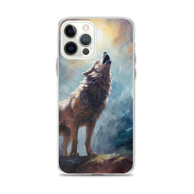 Heulender Wolf auf Berggipfel und Mond im Hintergrund – Abstrakte Malerei - iPhone Schutzhülle (durchsichtig) camping xxx iPhone 12 Pro Max