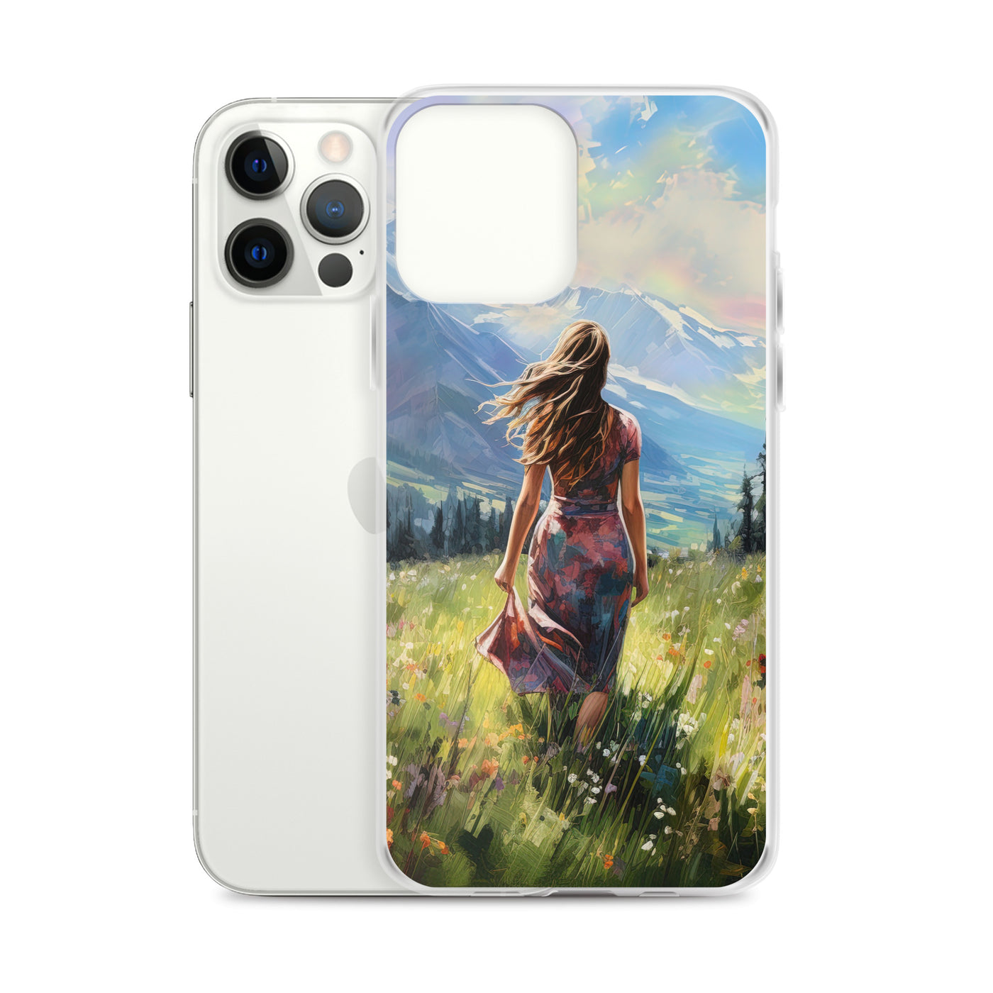 Frau mit langen Kleid im Feld mit Blumen - Berge im Hintergrund - Malerei - iPhone Schutzhülle (durchsichtig) berge xxx