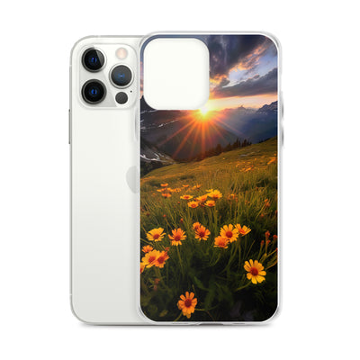 Gebirge, Sonnenblumen und Sonnenaufgang - iPhone Schutzhülle (durchsichtig) berge xxx