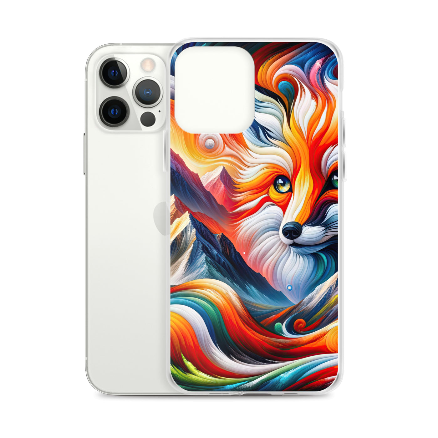 Abstrakte Kunst der Alpen voller lebendiger Farben und dynamischer Bewegung. Es dominiert ein farbiger Fuchs - iPhone Schutzhülle (durchsichtig) camping xxx yyy zzz