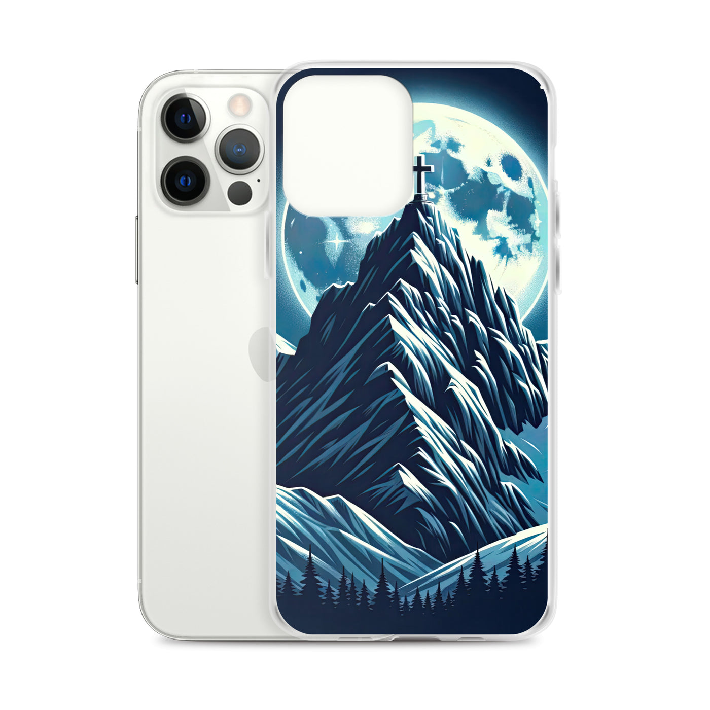 Mondnacht und Gipfelkreuz in den Alpen, glitzernde Schneegipfel - iPhone Schutzhülle (durchsichtig) berge xxx yyy zzz