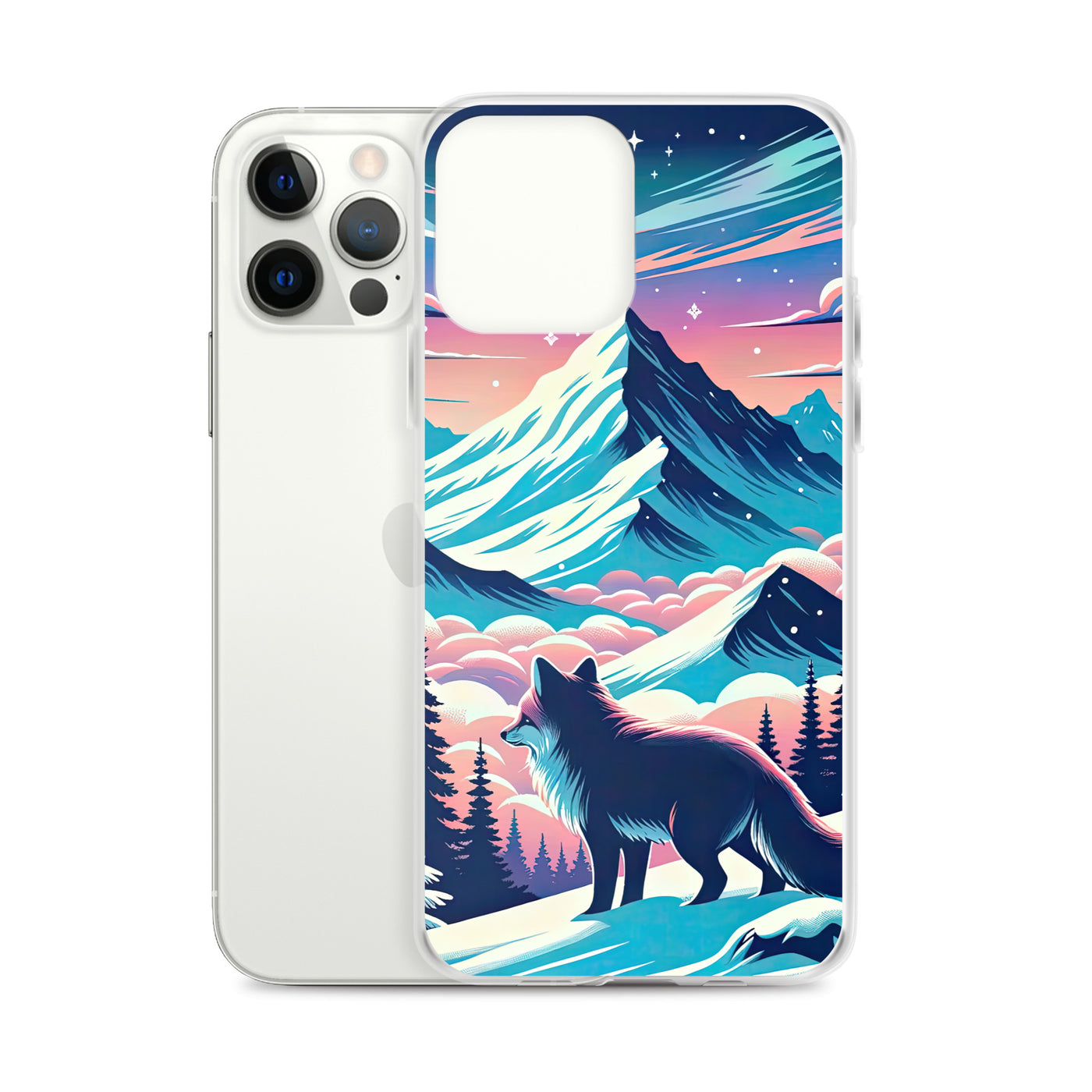 Vektorgrafik eines alpinen Winterwunderlandes mit schneebedeckten Kiefern und einem Fuchs - iPhone Schutzhülle (durchsichtig) camping xxx yyy zzz