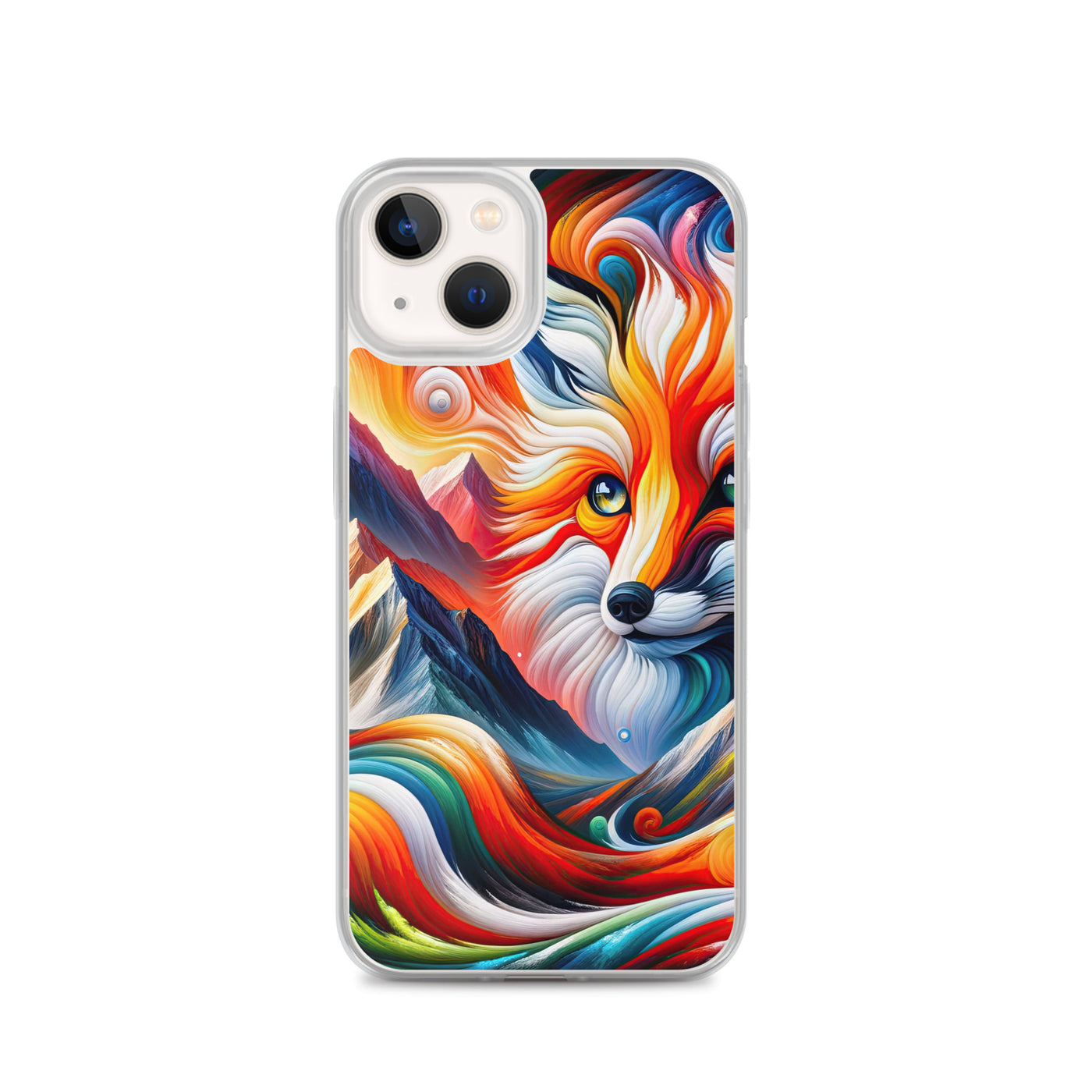 Abstrakte Kunst der Alpen voller lebendiger Farben und dynamischer Bewegung. Es dominiert ein farbiger Fuchs - iPhone Schutzhülle (durchsichtig) camping xxx yyy zzz iPhone 13