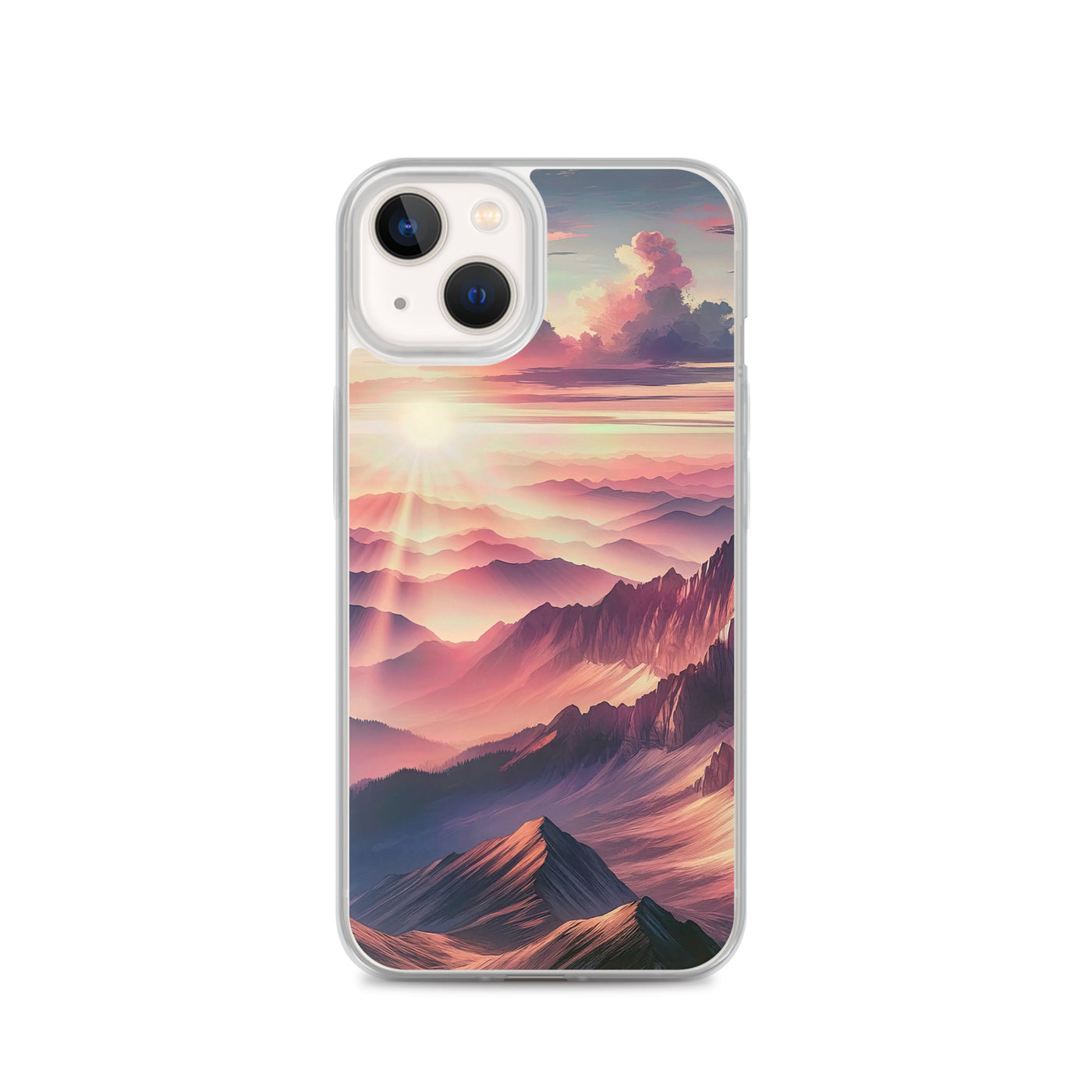 Schöne Berge bei Sonnenaufgang: Malerei in Pastelltönen - iPhone Schutzhülle (durchsichtig) berge xxx yyy zzz iPhone 13