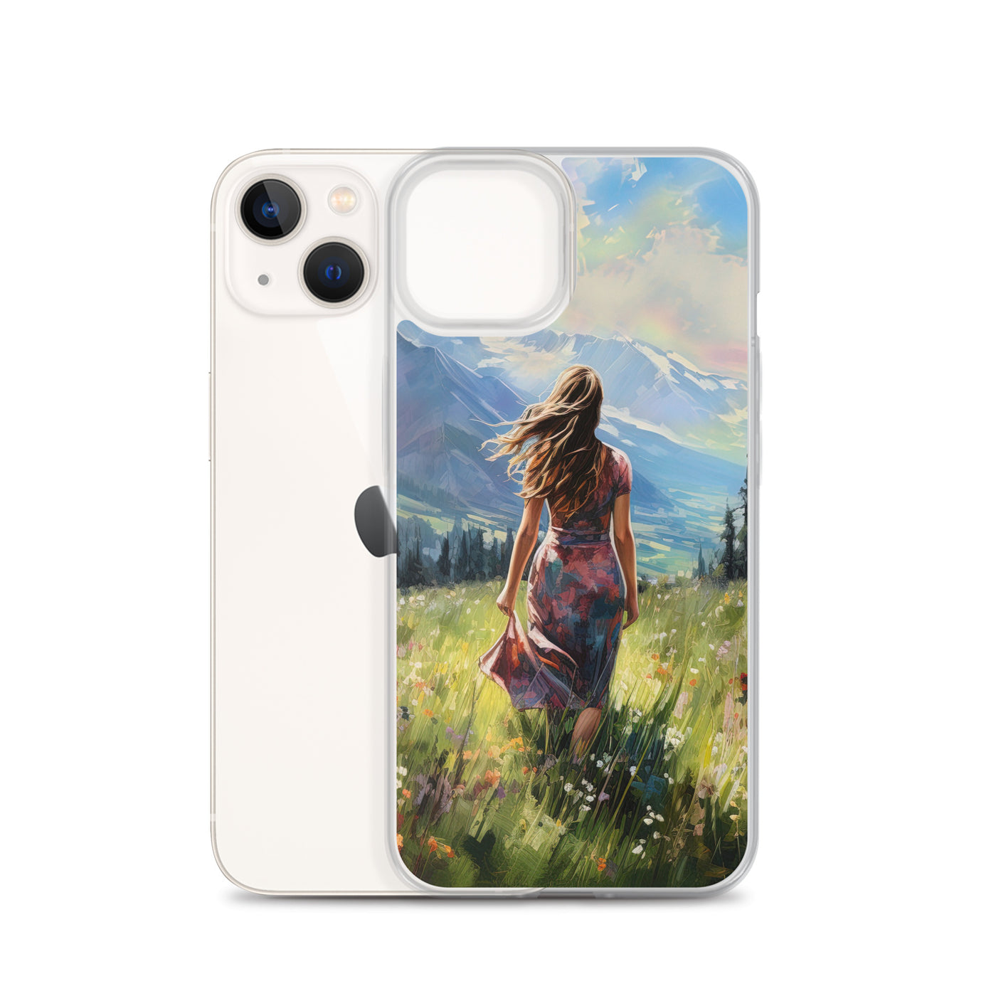 Frau mit langen Kleid im Feld mit Blumen - Berge im Hintergrund - Malerei - iPhone Schutzhülle (durchsichtig) berge xxx