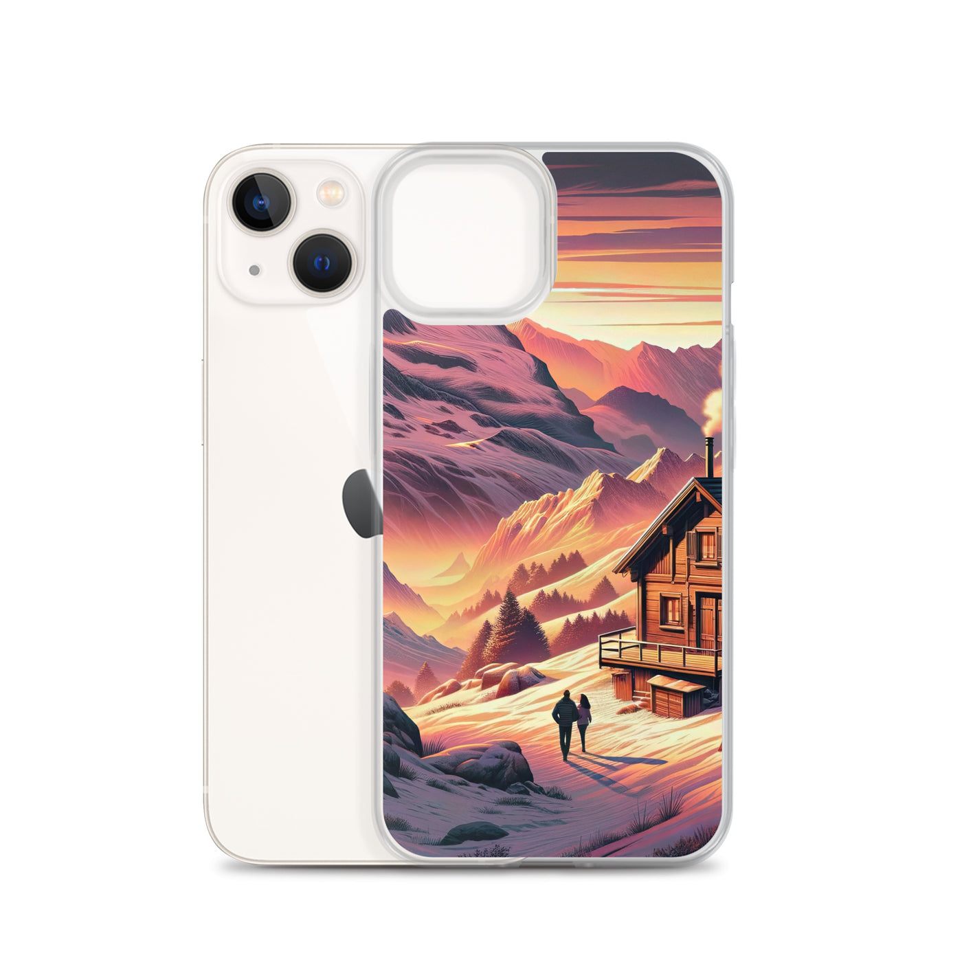 Berghütte im goldenen Sonnenuntergang: Digitale Alpenillustration - iPhone Schutzhülle (durchsichtig) berge xxx yyy zzz