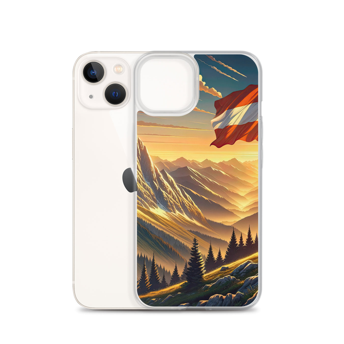 Ruhiger Alpenabend mit österreichischer Flagge und goldenem Sonnenuntergang - iPhone Schutzhülle (durchsichtig) berge xxx yyy zzz