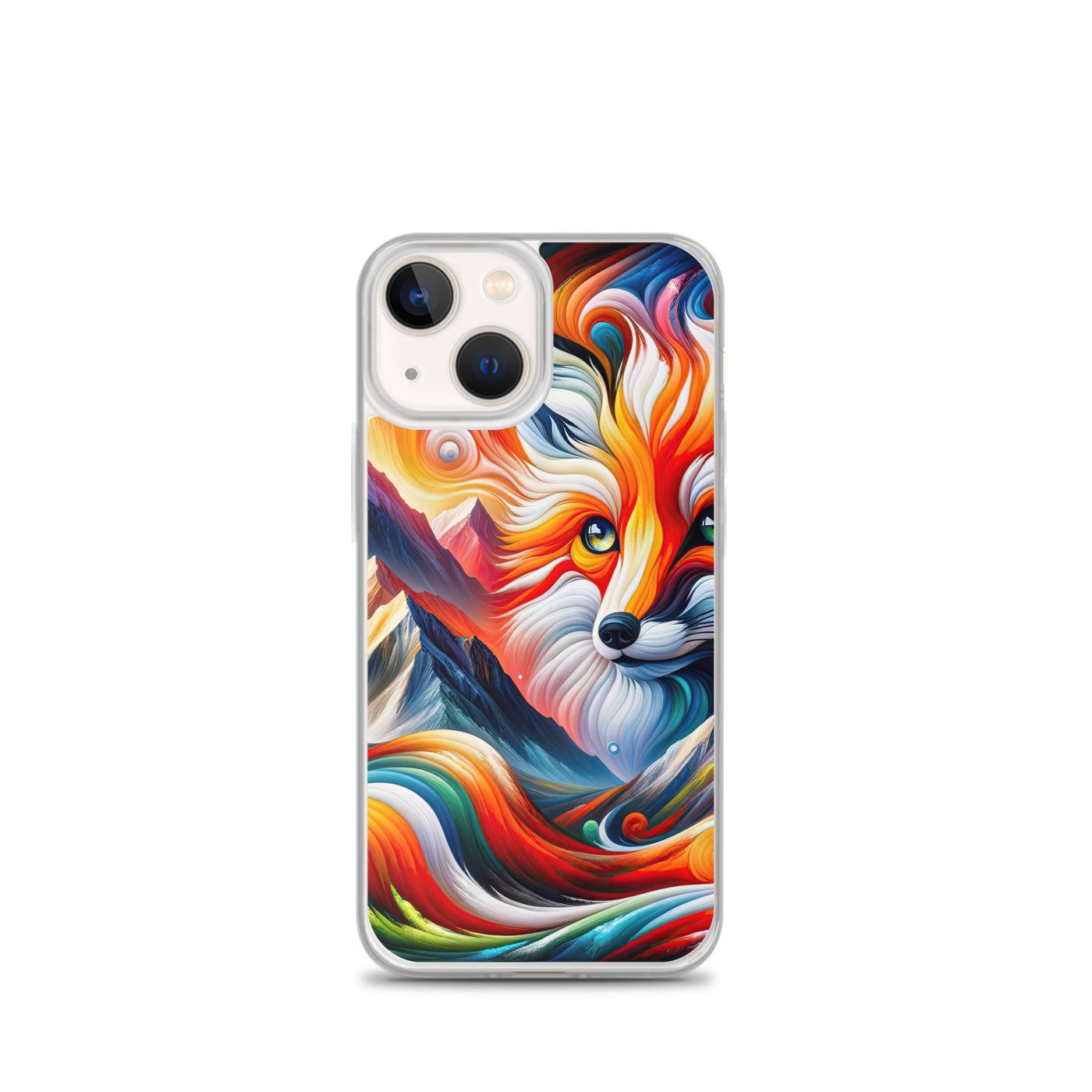 Abstrakte Kunst der Alpen voller lebendiger Farben und dynamischer Bewegung. Es dominiert ein farbiger Fuchs - iPhone Schutzhülle (durchsichtig) camping xxx yyy zzz iPhone 13 mini