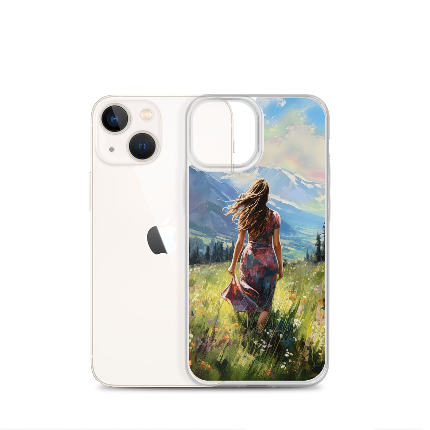 Frau mit langen Kleid im Feld mit Blumen - Berge im Hintergrund - Malerei - iPhone Schutzhülle (durchsichtig) berge xxx