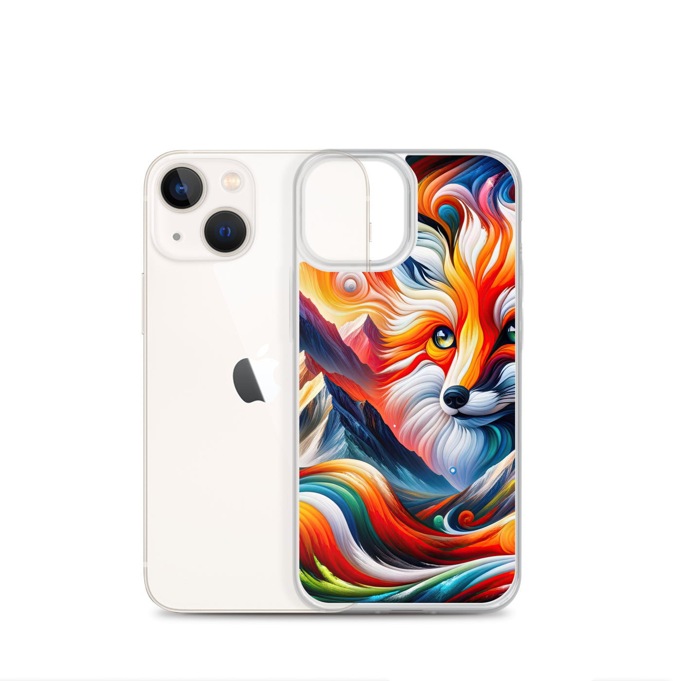 Abstrakte Kunst der Alpen voller lebendiger Farben und dynamischer Bewegung. Es dominiert ein farbiger Fuchs - iPhone Schutzhülle (durchsichtig) camping xxx yyy zzz