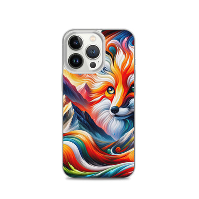 Abstrakte Kunst der Alpen voller lebendiger Farben und dynamischer Bewegung. Es dominiert ein farbiger Fuchs - iPhone Schutzhülle (durchsichtig) camping xxx yyy zzz iPhone 13 Pro