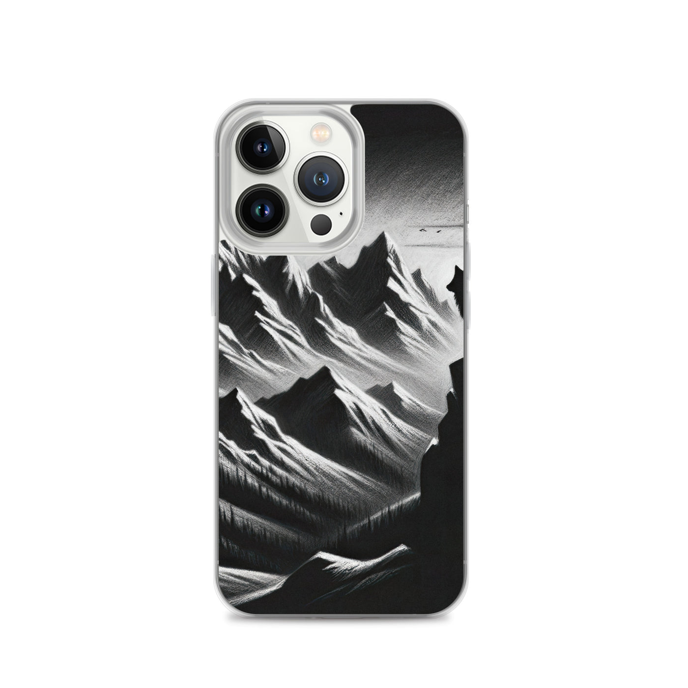 Kohlezeichnung, die die stille Stille der Alpen in der Winterdämmerung verkörpert. Wolf auf einem Berghügel (AN) - iPhone Schutzhülle (durchsichtig) xxx yyy zzz iPhone 13 Pro