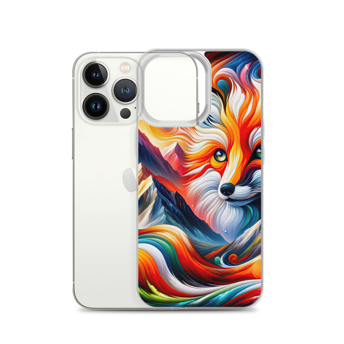 Abstrakte Kunst der Alpen voller lebendiger Farben und dynamischer Bewegung. Es dominiert ein farbiger Fuchs - iPhone Schutzhülle (durchsichtig) camping xxx yyy zzz